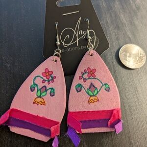 Hand Painted Native American Ribbon Skirt Earrings With Ojibwe Flowers